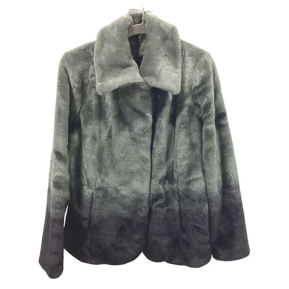 Dennis Basso Gray Black Ombre Faux Fur Jacket M